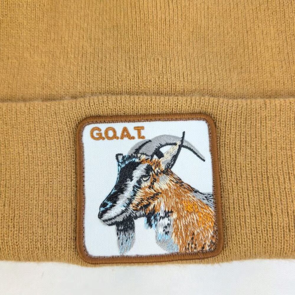Goorin Bros The Farm G.O.A.T. Goat Animal Patch Cuffed Beanie Knit Hat Tan Brown - Picture 2 of 8